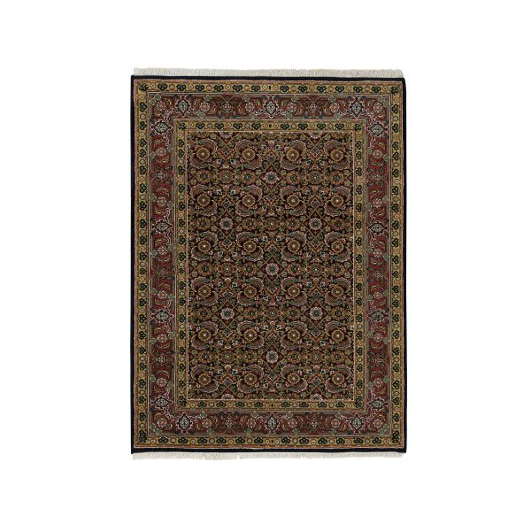 4'1"x5'9" Asphalt Black and Sangria Red, 175 KPSI, 100% Wool, Hand Knotted, All Over Fish Mahi Herati Design, Oriental Rug HR65804