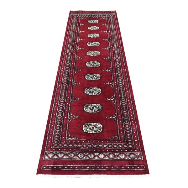 2'6"x9'1" Mori Bokara with Tribal Medallions Design Deep and Rich Red Extra Soft Wool Hand Knotted Oriental Runner Rug HR69202