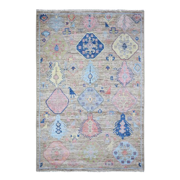 6'1"x9' Silver Gray, Hand Knotted Anatolian Village Inspired Geometric Medallions with Animal Figurines, Vegetable Dyes Pure Wool, Oriental Rug HR73101