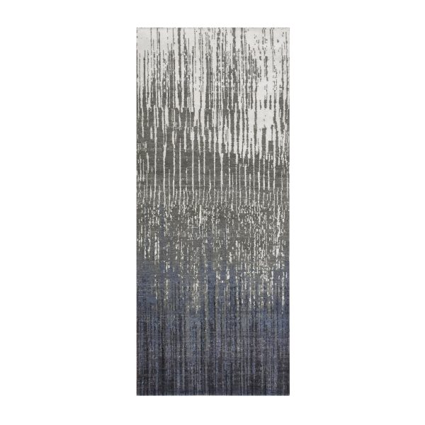 2'6"x6'3" Gainsboro Gray with Black Denim, Modern Ombre Design, Densely Woven, Hand Knotted, Extra Soft Wool, Runner Oriental Rug HR75308