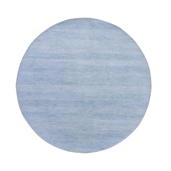 5'10"x5'10" Light Blue, Densely Woven Wool and Silk Hand Knotted, Modern Grass Design Gabbeh, Round Oriental Rug HR79157