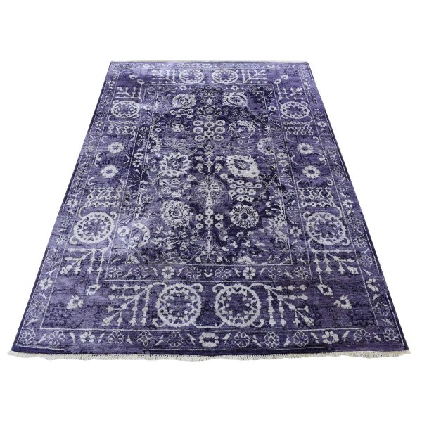 4'10"x6'8" Medium Purple, Transitional Tabriz, Wool and Silk, Hand Knotted, Oriental Rug HR80908