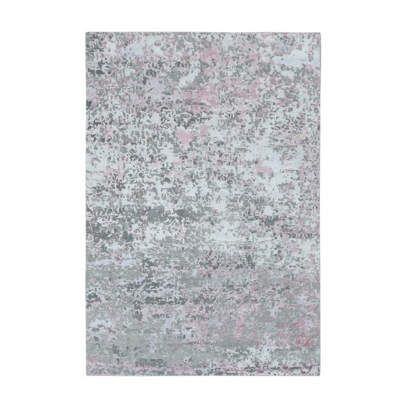 5'10"x8'9" Pastel Pink, Hi-Lo Pile, Abstract Design, Wool and Silk, Hand Knotted, Oriental Rug HR80989