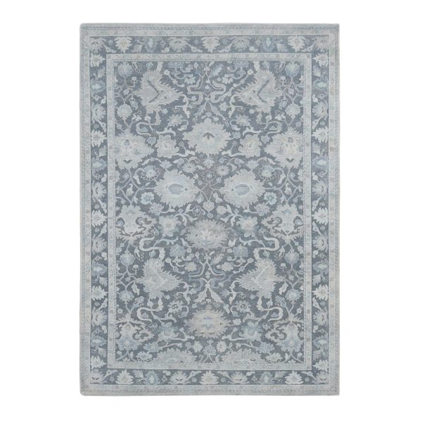6'1"x8'9" Battleship Gray, Hand Knotted, Oushak Influence, Pure Silk and Textured Wool, Oriental Rug HR80990