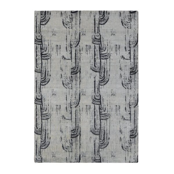 6'x9' Cloud Gray, THE CANE, Pure Silk with Textured Wool, Hand Knotted, Oriental Rug HR80994