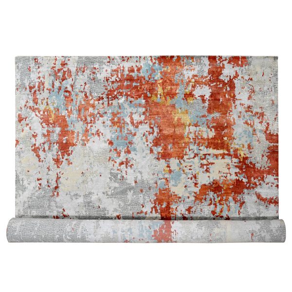 13'9"x17'9" Gray and Rust, Wool And Silk, Abstract With Fire Mosaic Design, Hand Knotted, Persian Knot, Oversized Oriental Rug HR84455