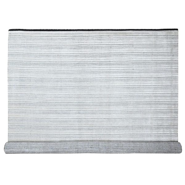 14'x16' Anti-Flash White and Black, Wool and Plant Based Silk, Modern Textured and Variegated Line Design, Hand Loomed, Oversized Oriental Rug HR84456