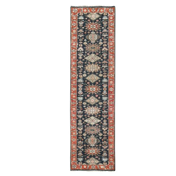 2'9"x11'10" Pastel Black, Hand Knotted Karajeh Design with Tribal Medallions, Organic Wool, Natural Dyes, Runner Oriental Rug HR84522