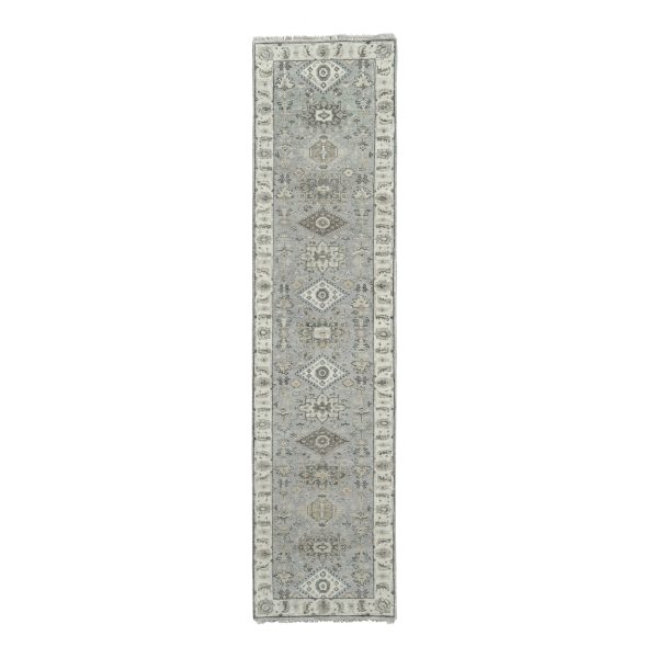 2'7"x11'10" Rhino Gray with White Dove, Hand Knotted, Extra Soft Wool, Karajeh Design with Geometric Medallion, Runner Oriental Rug HR84523