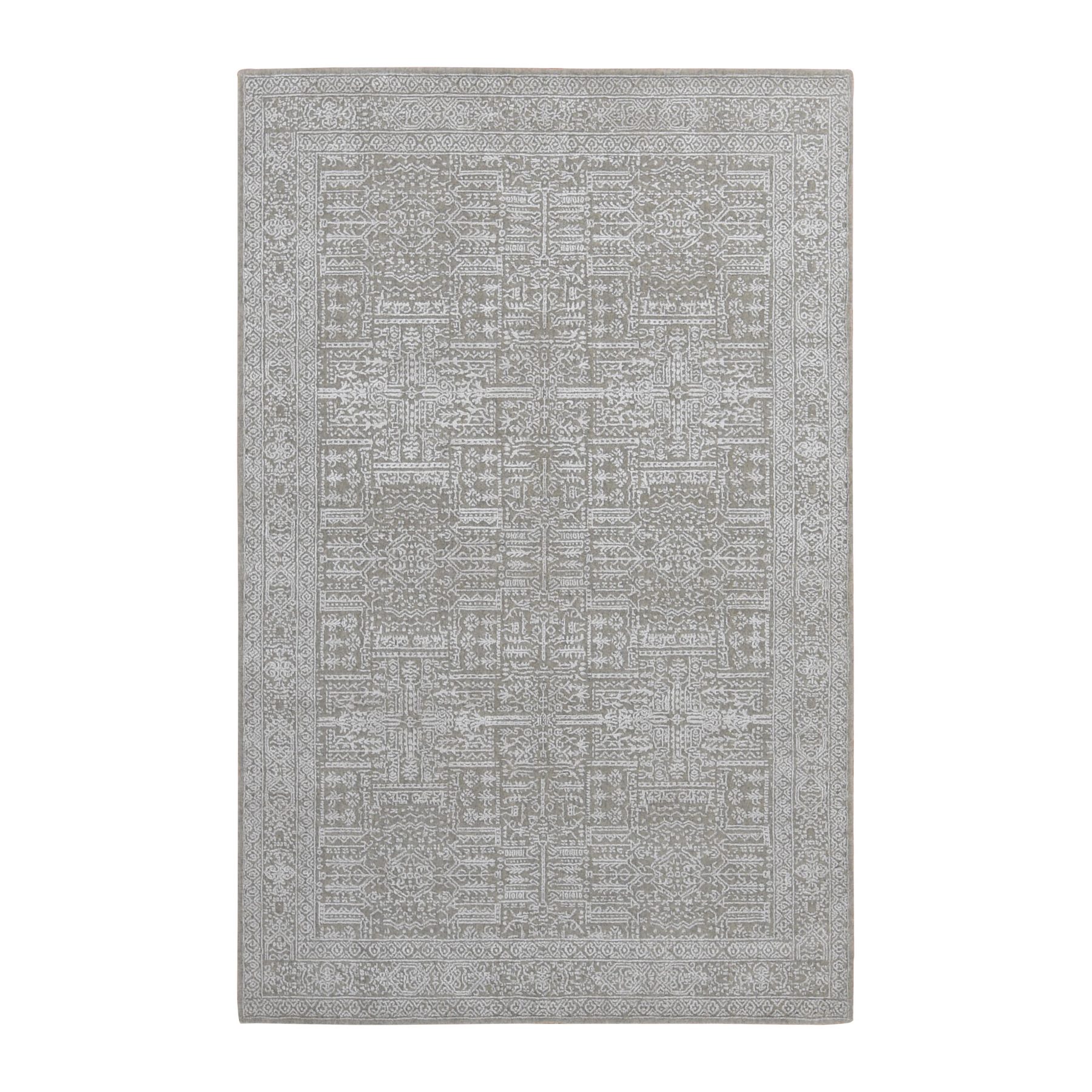 5'9"x9' Dorian Gray, Wool and Plant Based Silk, Fine Jacquard Hand Loomed, Tone on Tone, Oriental Rug HR87003
