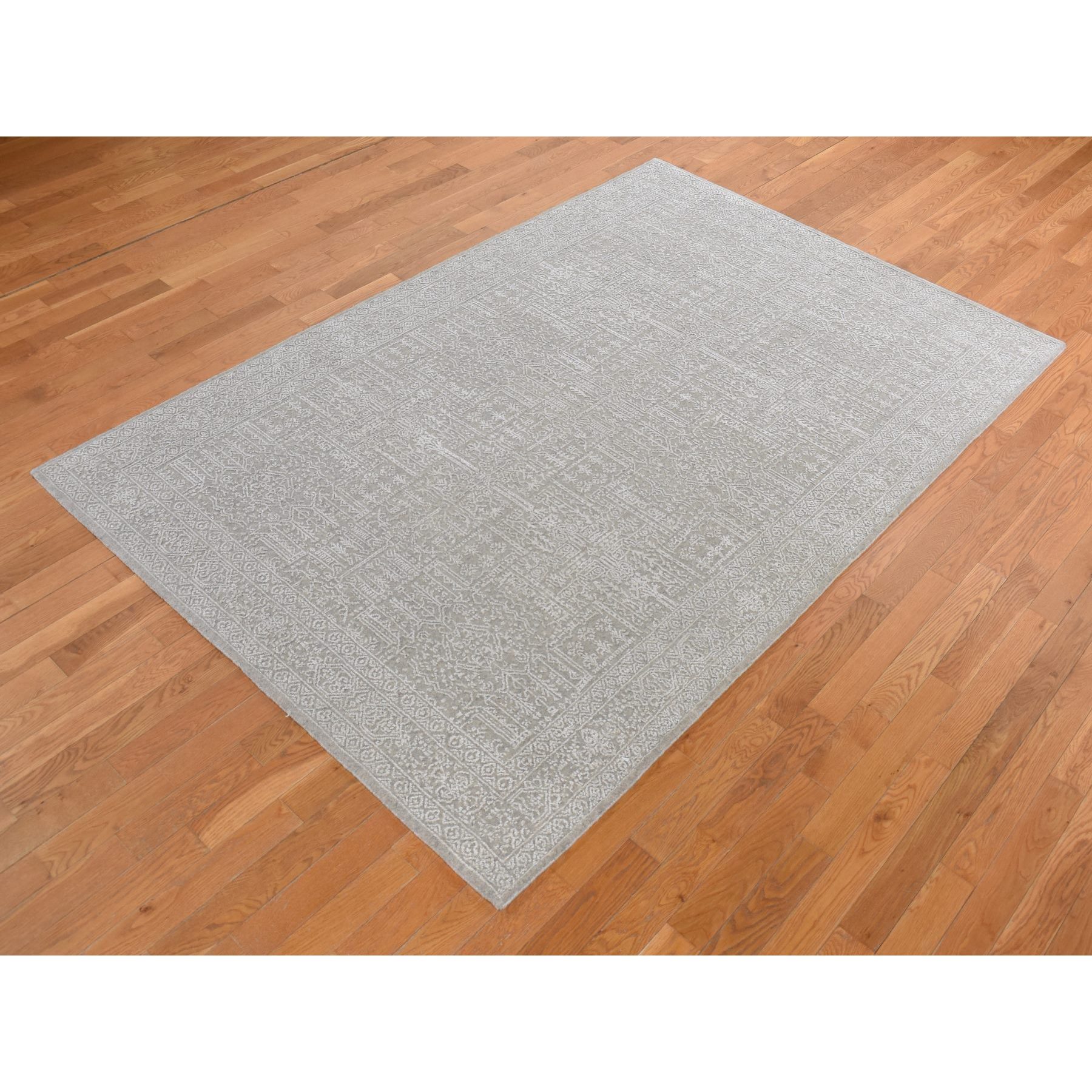 5'9"x9' Dorian Gray, Wool and Plant Based Silk, Fine Jacquard Hand Loomed, Tone on Tone, Oriental Rug HR87003 - Image 3