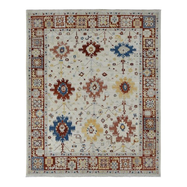 7'9"x9'9" Parchment White, Peshawar with Large Elements Mahal Design, Hand Knotted, Pure Wool, Oriental Rug HR87010