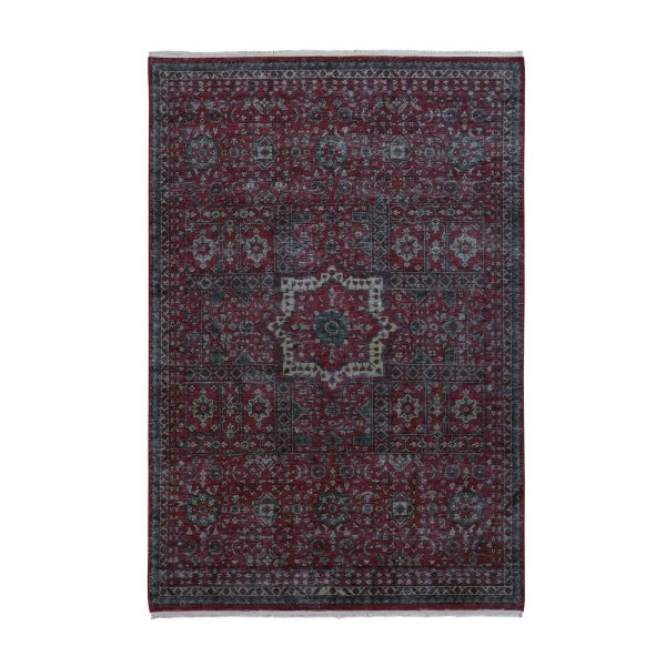 6'1"x9' Vermilion Red, Vintage Look Mamluk, Zero Pile, Shaved Down, Worn and Distressed Wool, Hand Knotted, Oriental Rug HR87012