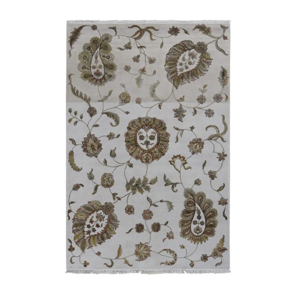 6'x9'2" Timberwolf Gray, Open and Large Leaf and Flower Rajasthan Design, On Clearance, No Border, Wool and Silk, Hand Knotted, Oriental Rug HR87017
