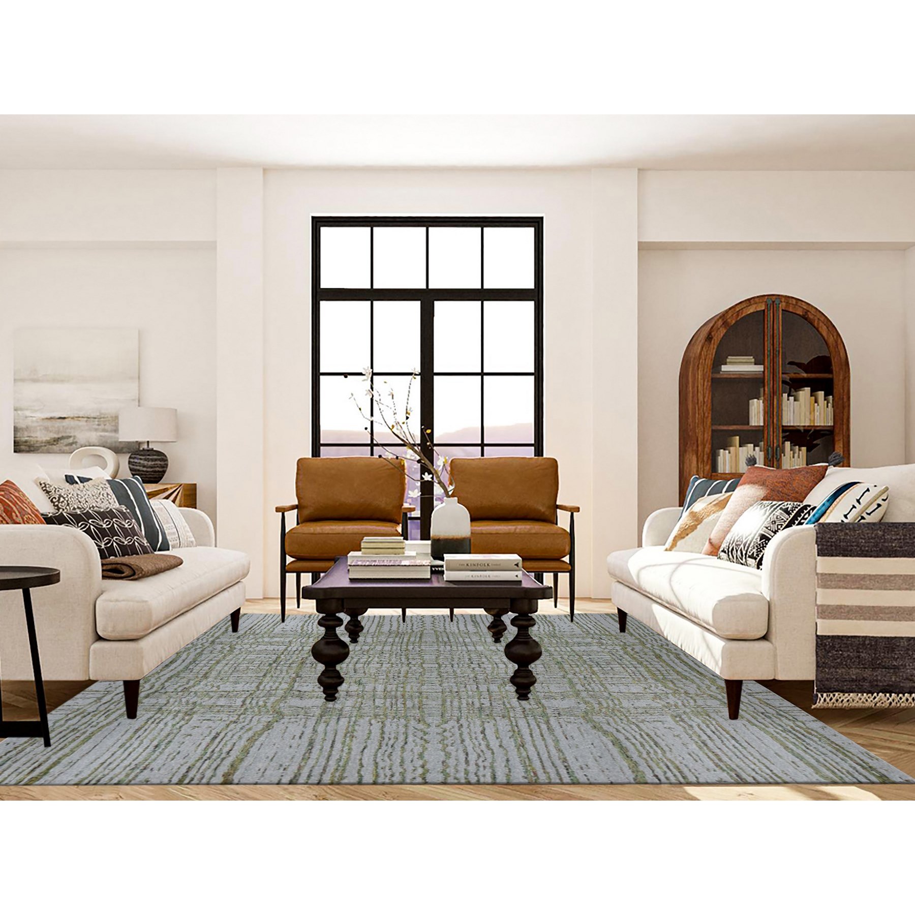 7'10"x9'9" Goose Gray, Fine Jacquard Hand Loomed, Modern, Wool and Silk, Oriental Rug HR87024 - Image 2