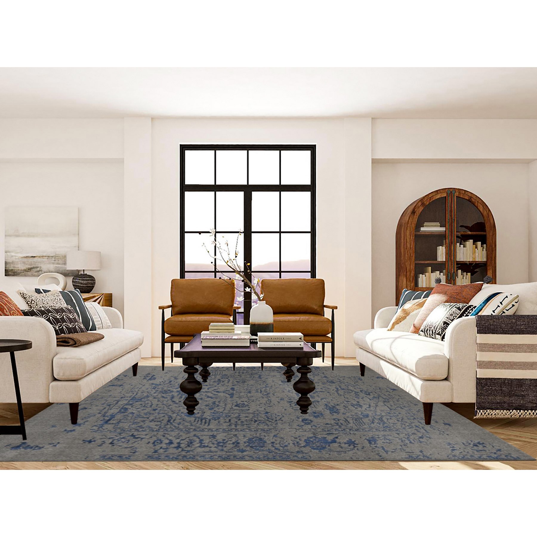 7'10"x10' Battleship Gray, Jacquard Hand Loomed with Erased Broken Persian Heriz Design, Hand Knotted, Pure Wool, Oriental Rug HR87028 - Image 2