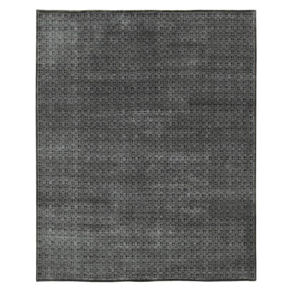 8'1"x9'9" Chocolate Brown, Small Box Design, Wool and Silk, Hand Knotted, Oriental Rug HR87030