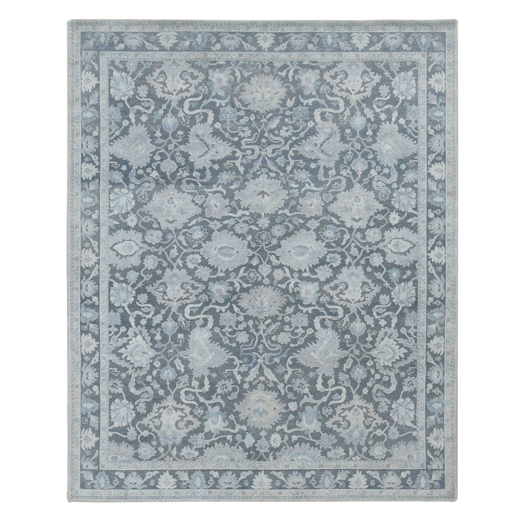 8'1"x10' Battleship Gray, Hand Knotted, Oushak Influence, Pure Silk with Textured Wool, Oriental Rug HR87037