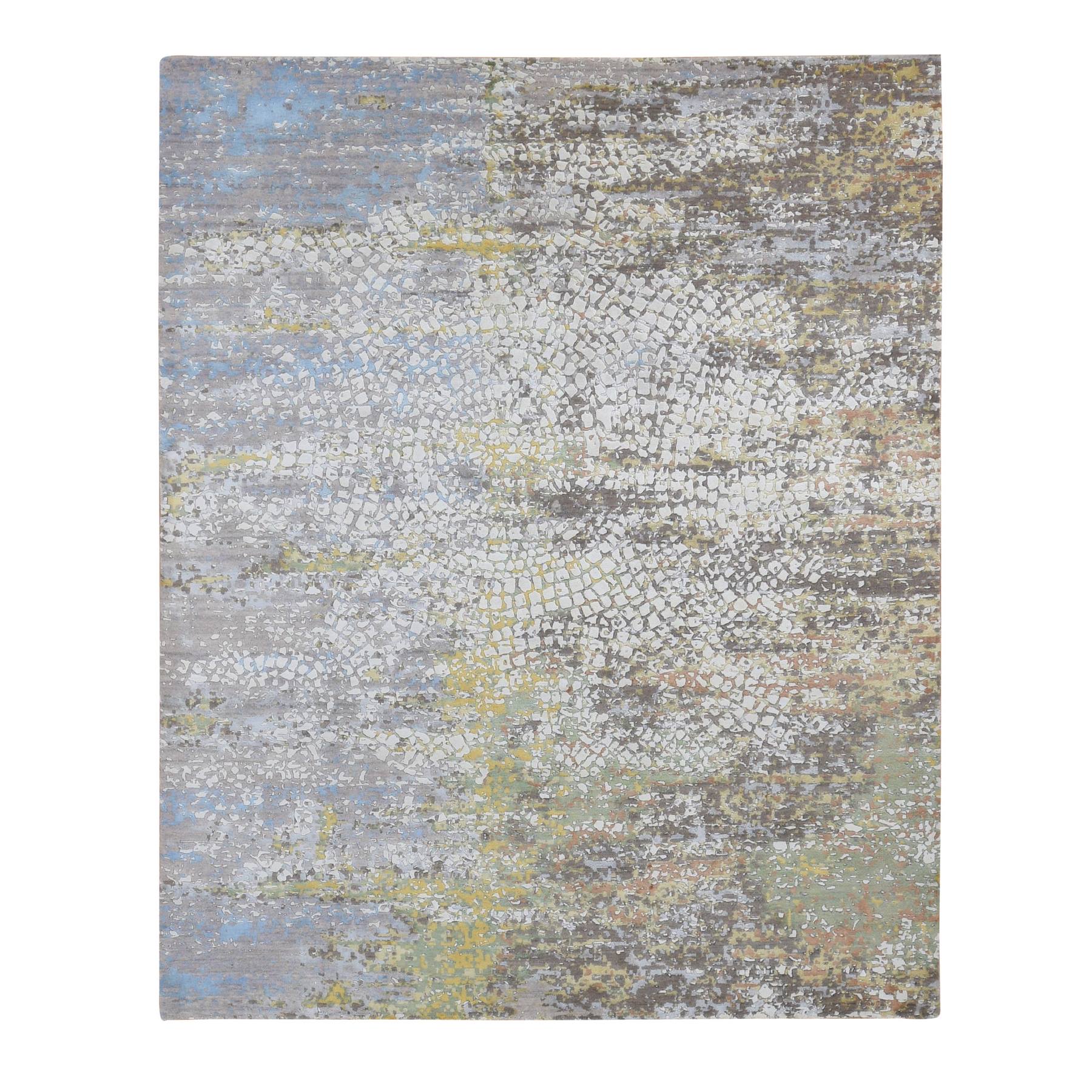 8'1"x10'1" Rice White, Colorful Wool and Pure Silk, Erased Roman Mosaic Design, Hand Knotted, Oriental Rug HR87047