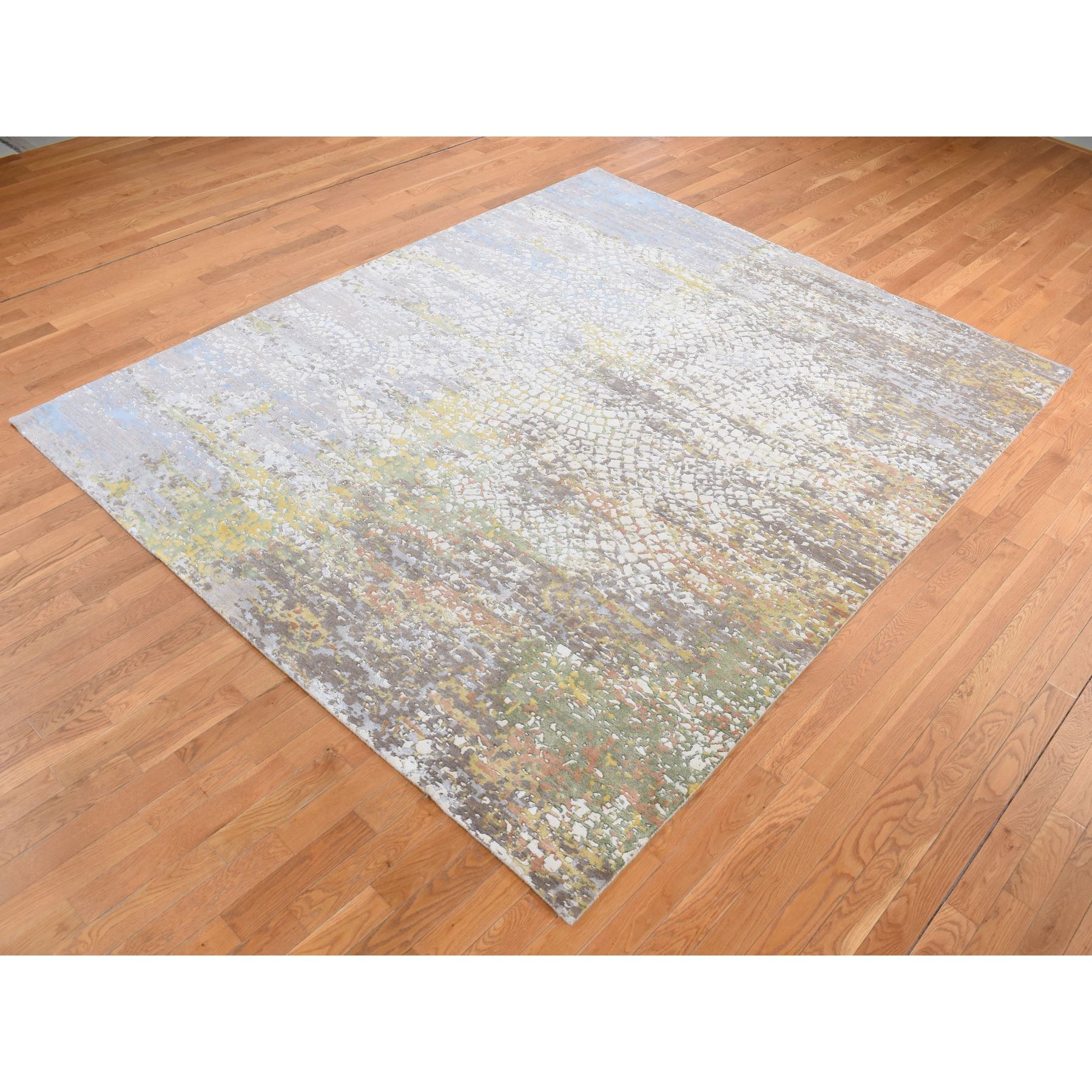 8'1"x10'1" Rice White, Colorful Wool and Pure Silk, Erased Roman Mosaic Design, Hand Knotted, Oriental Rug HR87047 - Image 4