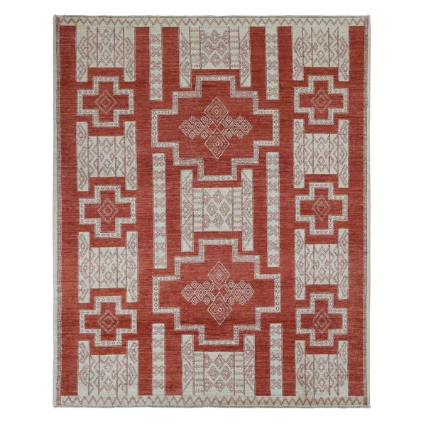 8'1"x10' Fire Brick Red, Pure Wool, Hand Knotted, Peshawar with Intricate Geometric Motifs, Oriental Rug HR87048