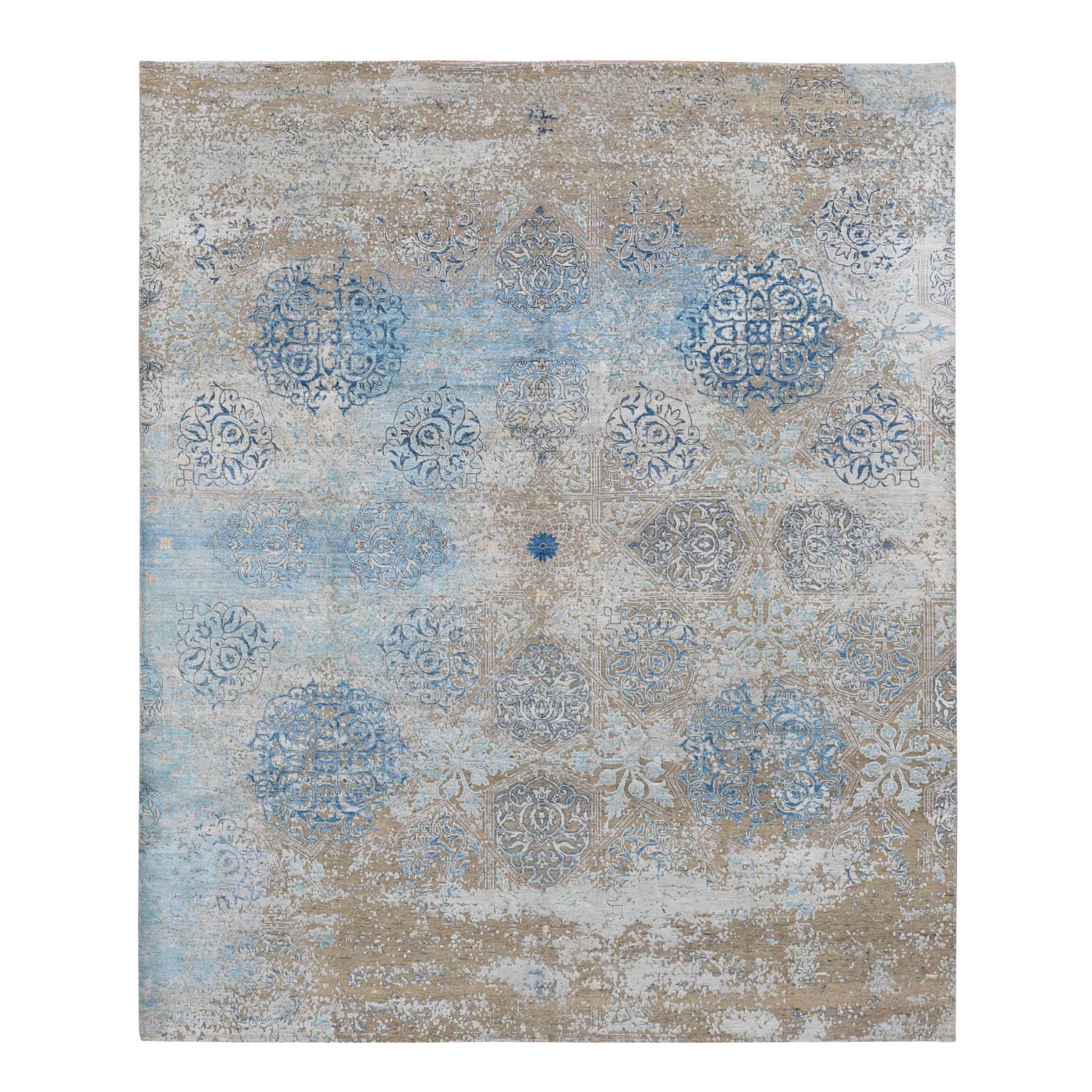 8'1"x9'9" Tan Color, Wool and Silk, Textured Hi-Low Pile, Erased Ottoman Ornament and Snowflake Design, Hand Knotted, Modern, Oriental Rug HR87054