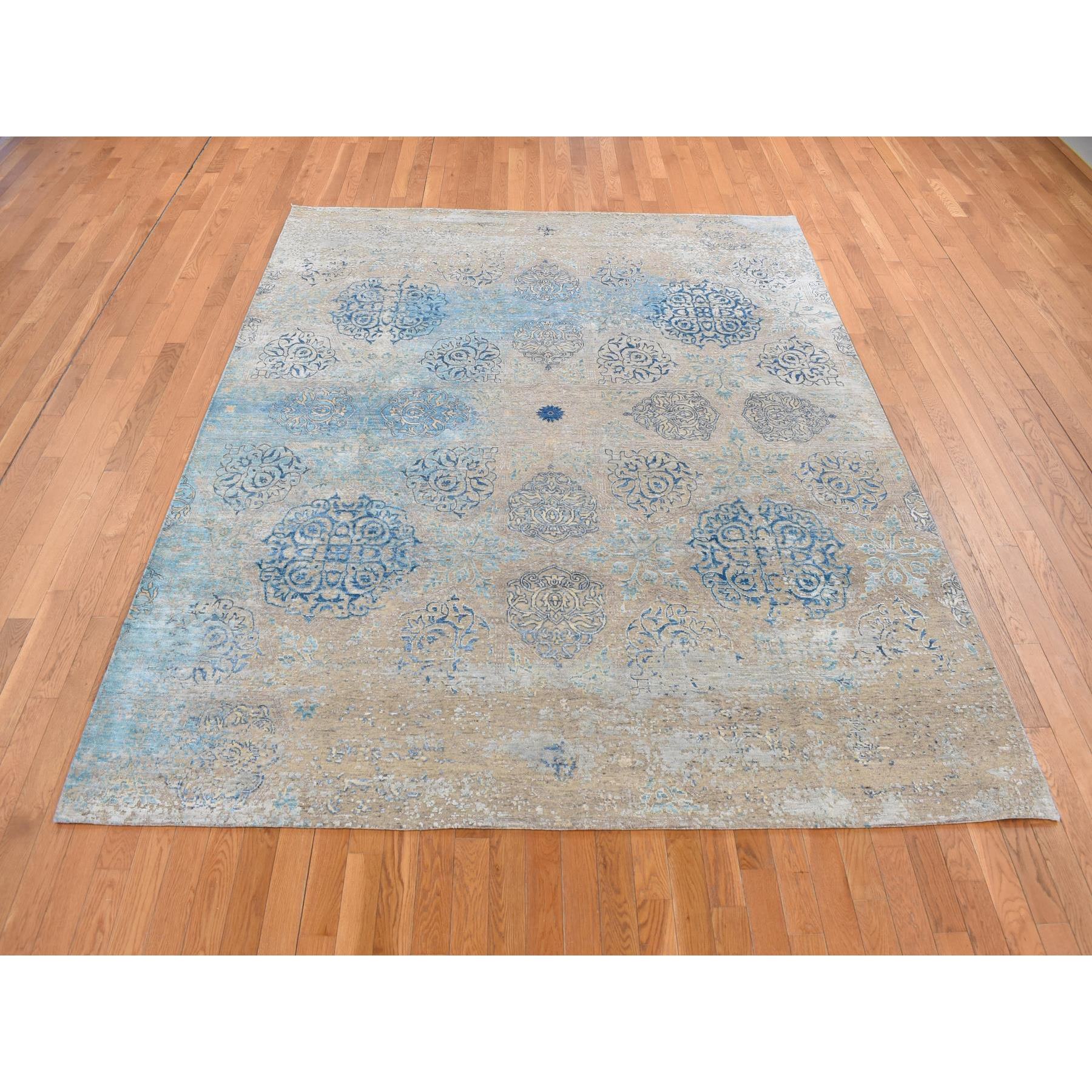 8'1"x9'9" Tan Color, Wool and Silk, Textured Hi-Low Pile, Erased Ottoman Ornament and Snowflake Design, Hand Knotted, Modern, Oriental Rug HR87054 - Image 3