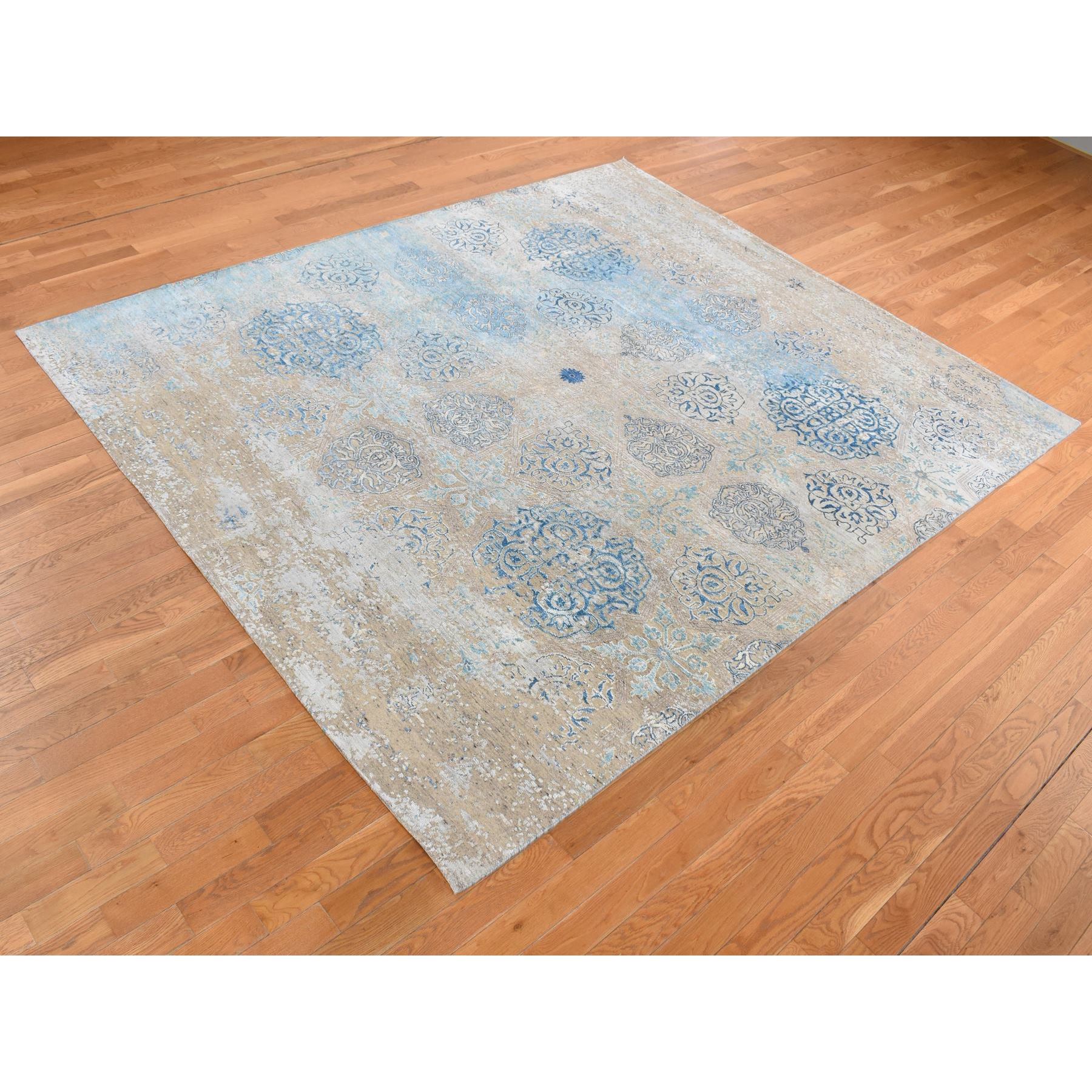 8'1"x9'9" Tan Color, Wool and Silk, Textured Hi-Low Pile, Erased Ottoman Ornament and Snowflake Design, Hand Knotted, Modern, Oriental Rug HR87054 - Image 4