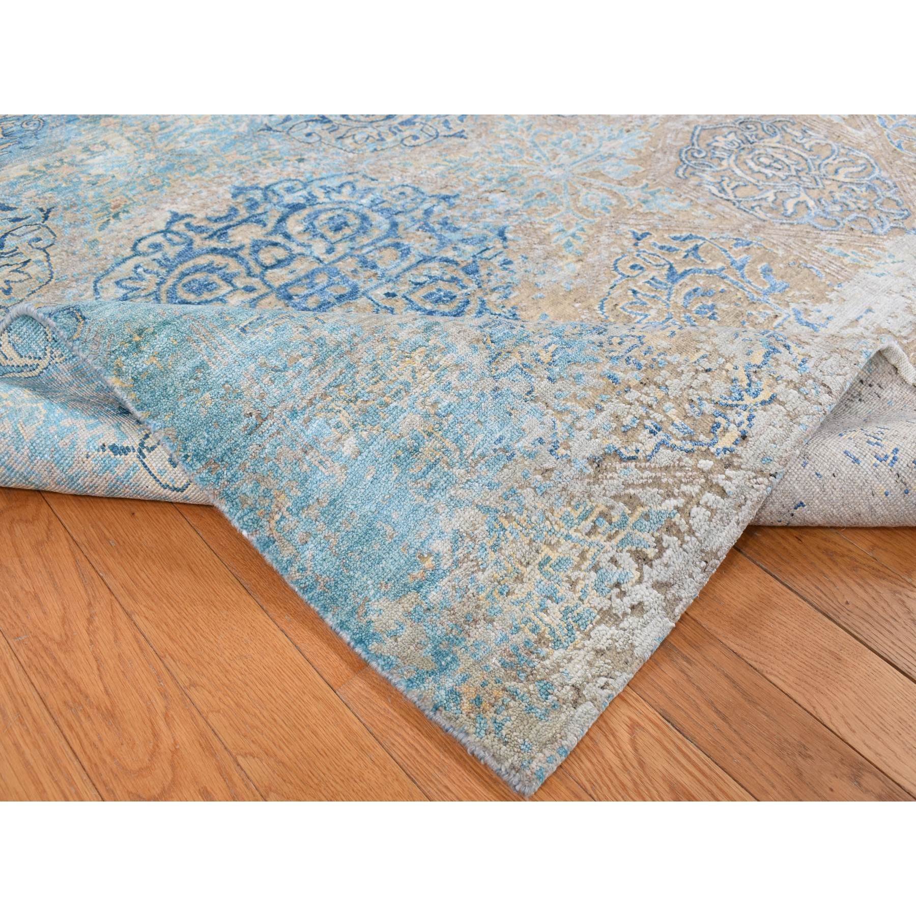 8'1"x9'9" Tan Color, Wool and Silk, Textured Hi-Low Pile, Erased Ottoman Ornament and Snowflake Design, Hand Knotted, Modern, Oriental Rug HR87054 - Image 6