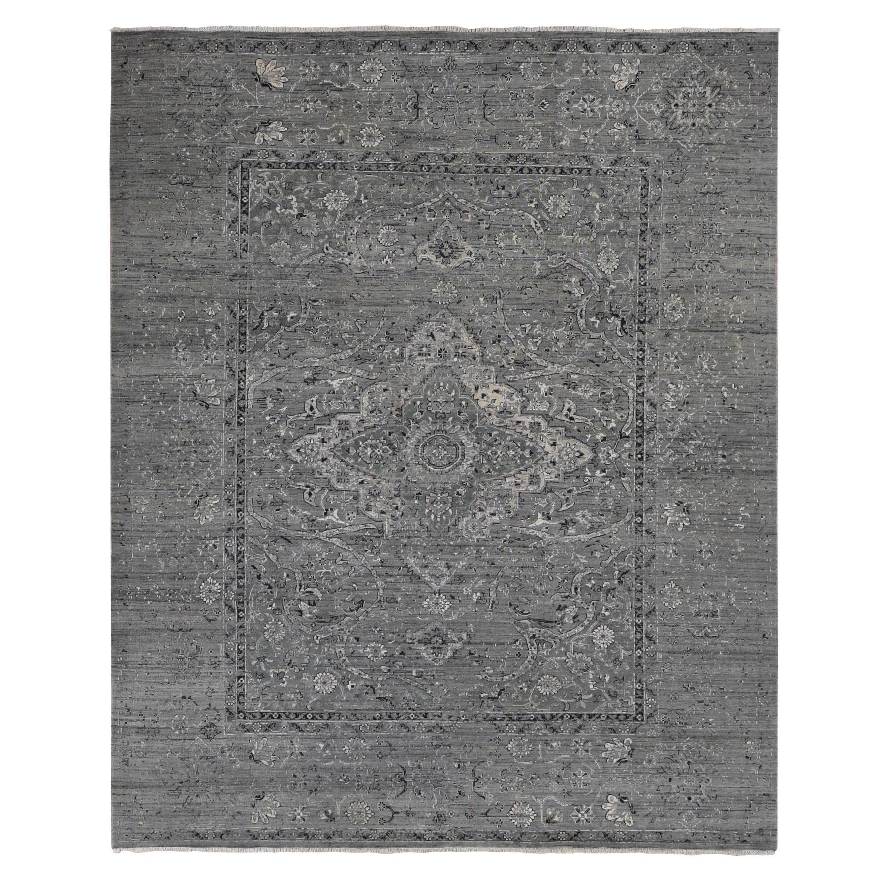 8'3"x10'1" Carbon Gray, Silk with Textured Wool, Erased Broken Persian Design, Hand Knotted, Oriental Rug HR87055