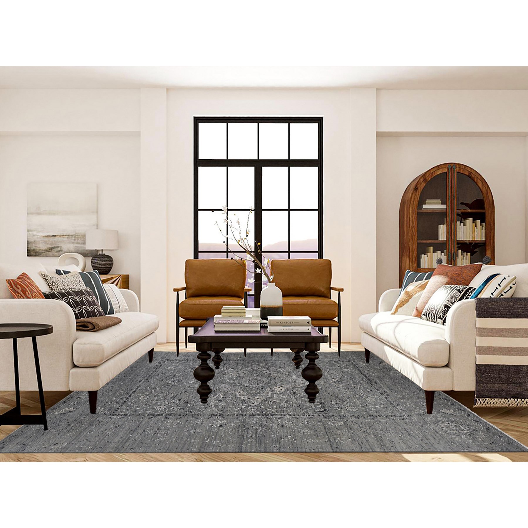 8'3"x10'1" Carbon Gray, Silk with Textured Wool, Erased Broken Persian Design, Hand Knotted, Oriental Rug HR87055 - Image 2