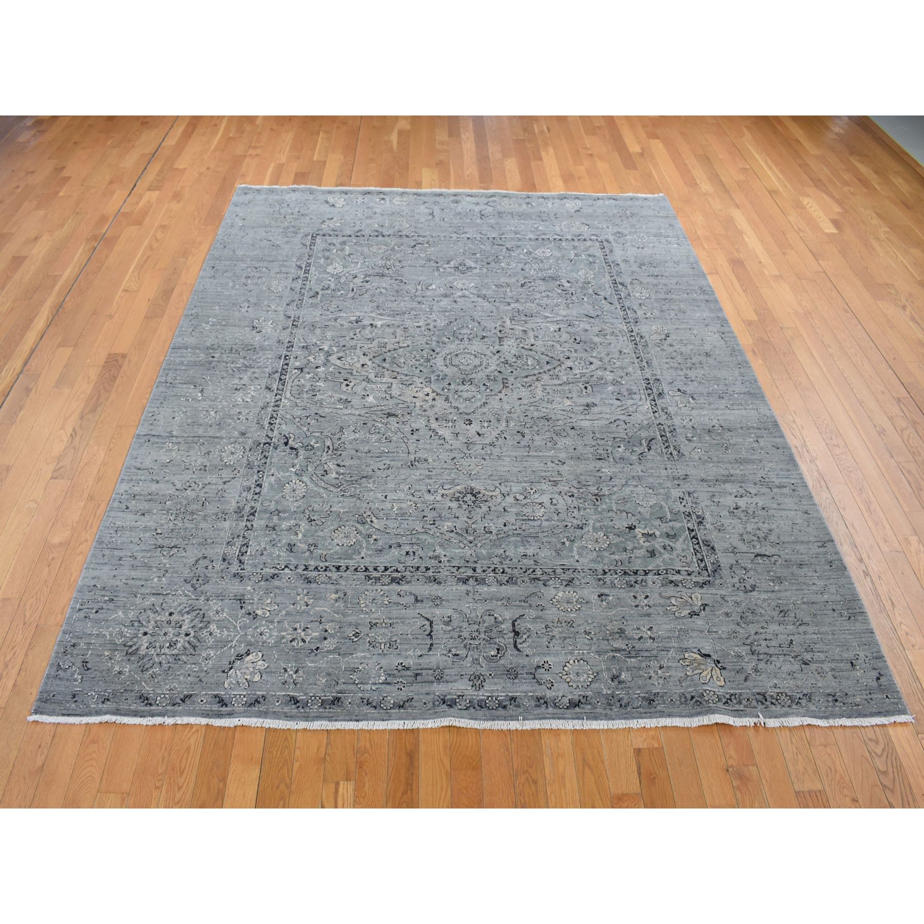 8'3"x10'1" Carbon Gray, Silk with Textured Wool, Erased Broken Persian Design, Hand Knotted, Oriental Rug HR87055 - Image 3