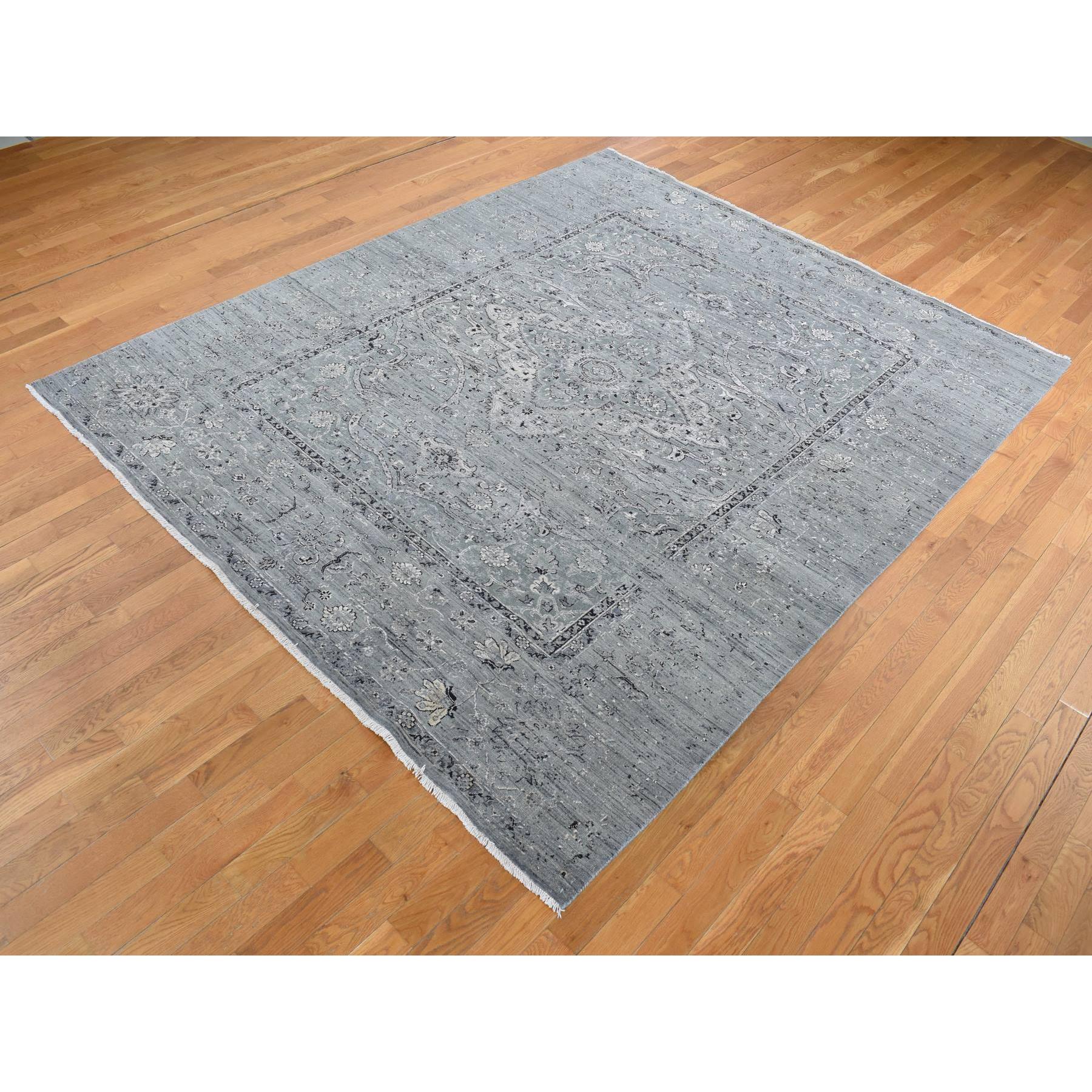 8'3"x10'1" Carbon Gray, Silk with Textured Wool, Erased Broken Persian Design, Hand Knotted, Oriental Rug HR87055 - Image 4