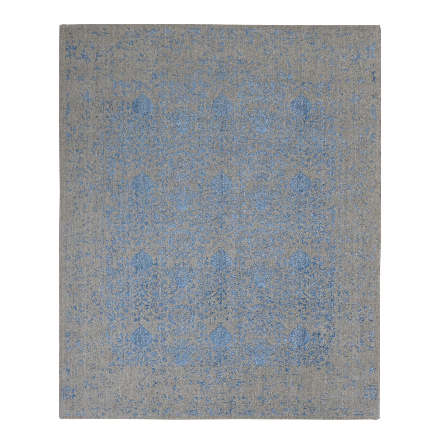 7'10"x9'9" Sky Blue, Soft Wool, Hand Loomed, Erased Mughal Jewlery Design, Tone on Tone, Oriental Rug HR87058