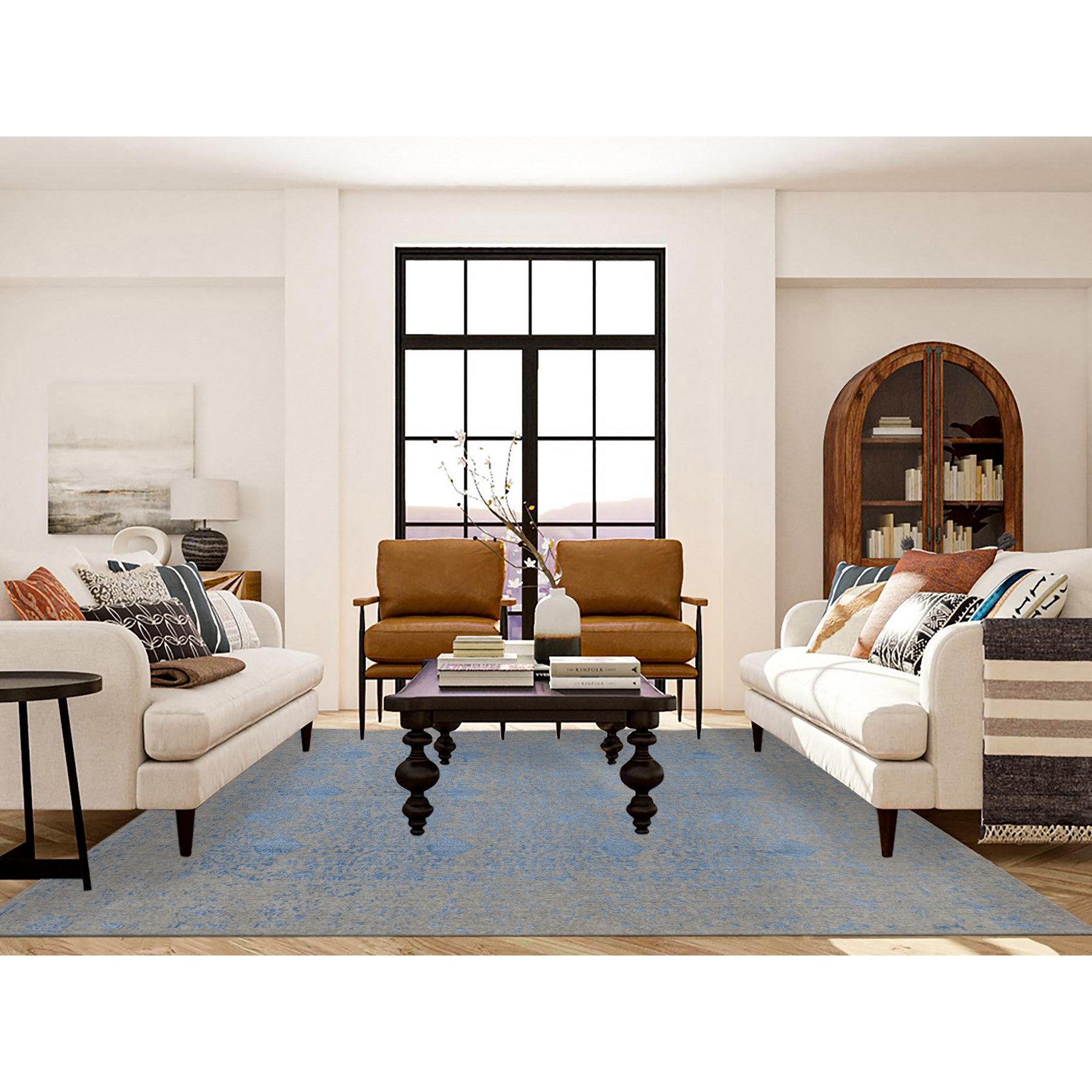 7'10"x9'9" Sky Blue, Soft Wool, Hand Loomed, Erased Mughal Jewlery Design, Tone on Tone, Oriental Rug HR87058 - Image 2