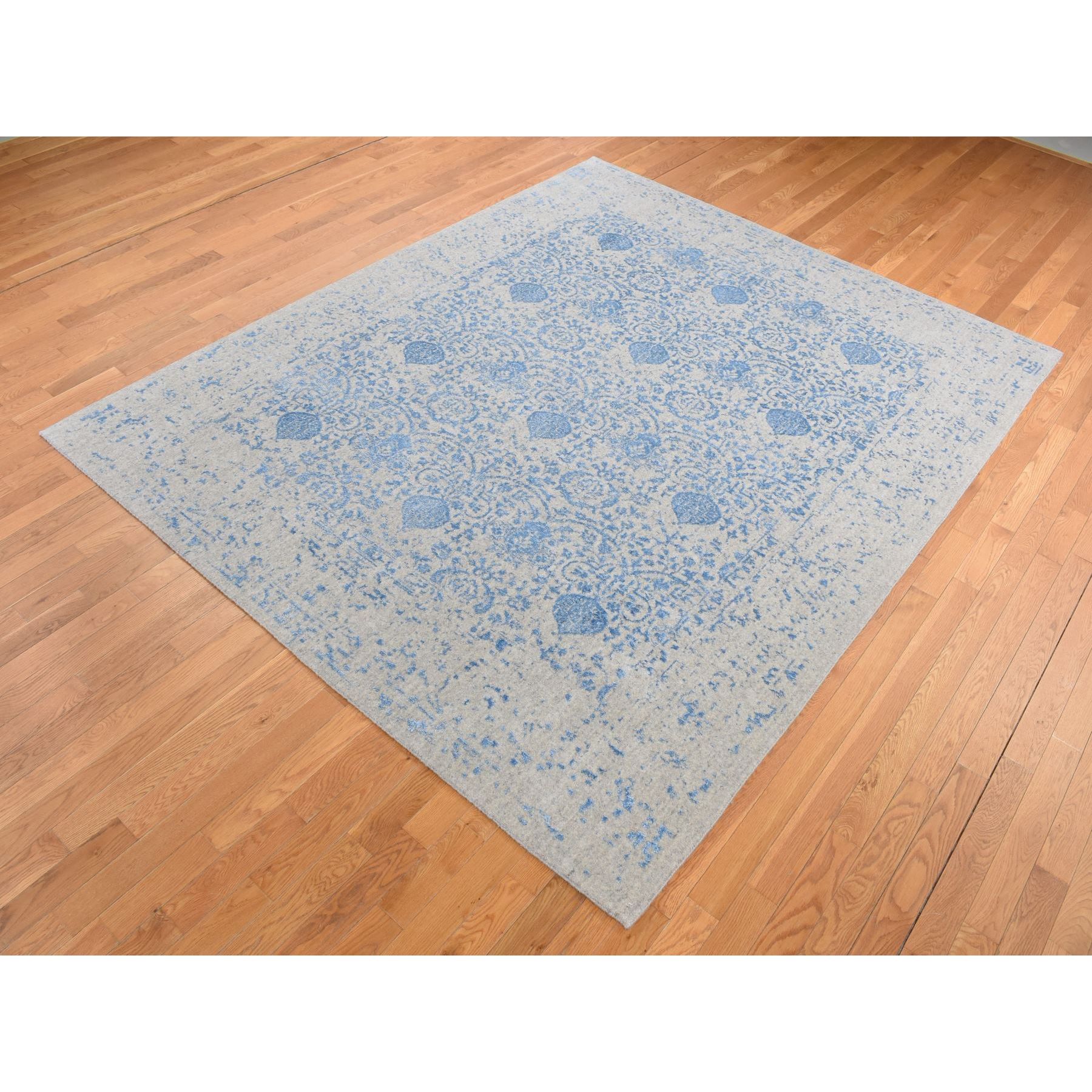 7'10"x9'9" Sky Blue, Soft Wool, Hand Loomed, Erased Mughal Jewlery Design, Tone on Tone, Oriental Rug HR87058 - Image 3