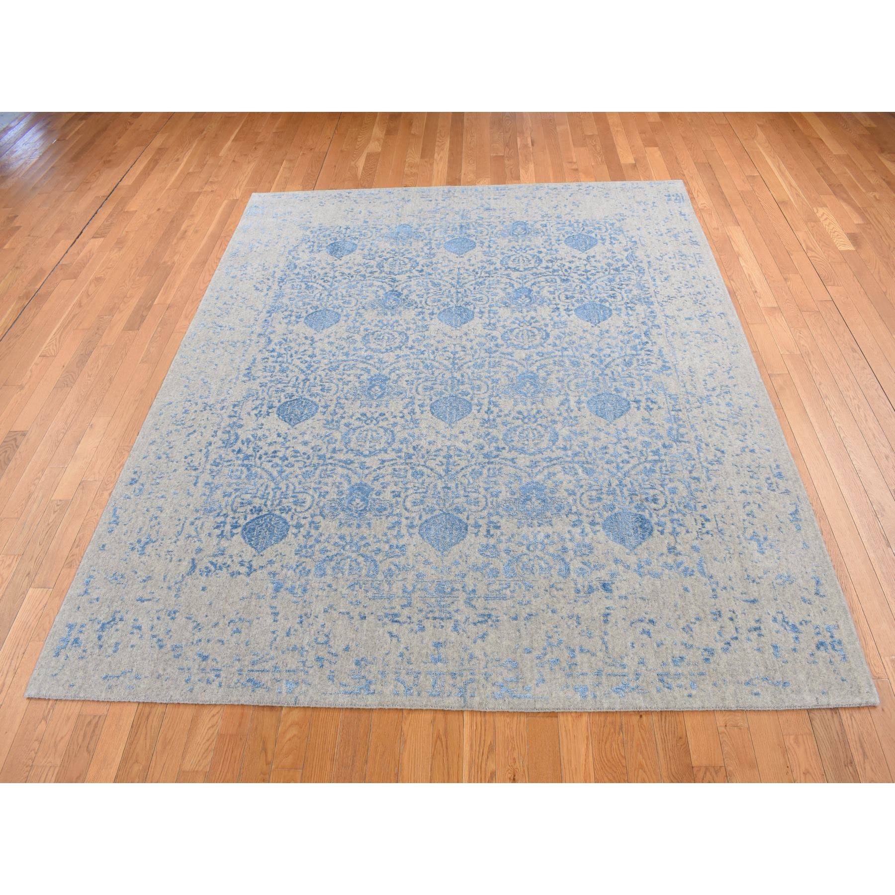 7'10"x9'9" Sky Blue, Soft Wool, Hand Loomed, Erased Mughal Jewlery Design, Tone on Tone, Oriental Rug HR87058 - Image 4