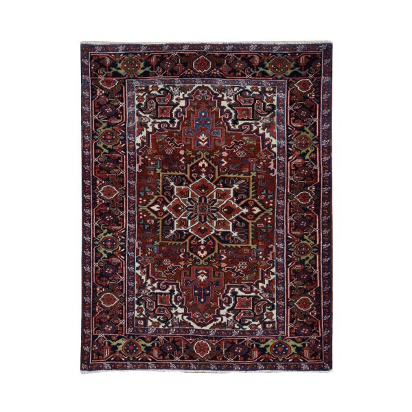 4'7"x6'8" Barn Red, Semi Antique Persian Heriz, Mint Condition, Hand Knotted, Pure Wool, Soft and Clean, Rare Smaller Size, Oriental Rug HR87405