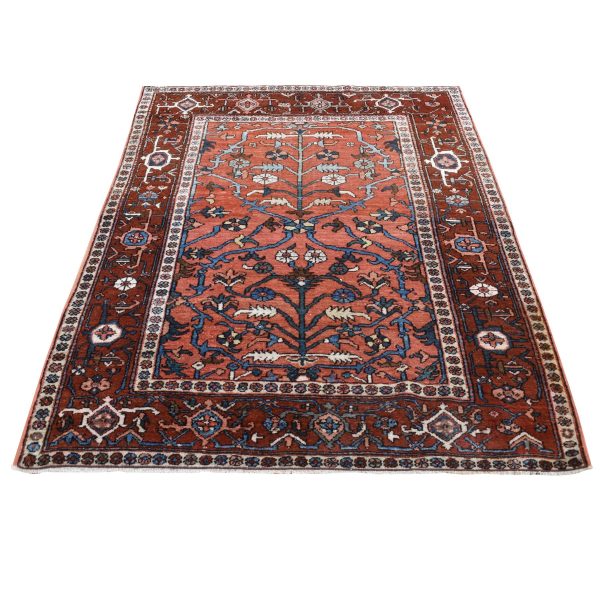 4'9"x6'1" Indian Red, Antique Persian Heriz, Hand Knotted, Pure Wool, Great Condition, Sides and Ends Professionally Secured, Cleaned, Rare Smaller Size, Oriental Rug HR87406