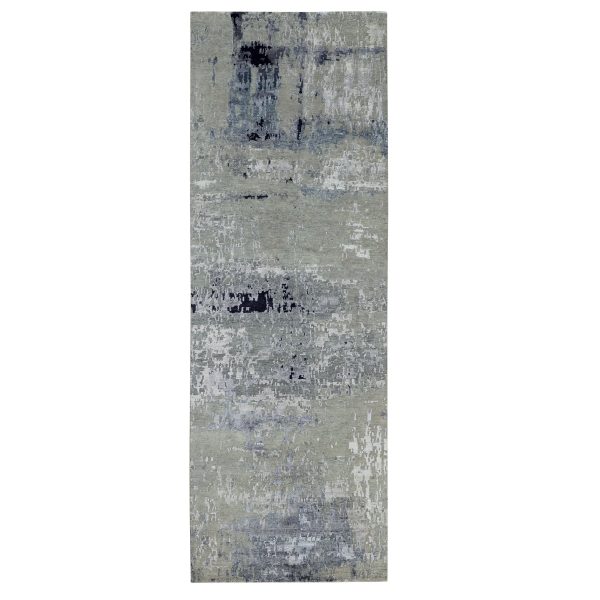 4'x10' Wool And Silk Silver, Blue Modern Abstract Design Hand Knotted Oriental Runner Rug HR58880