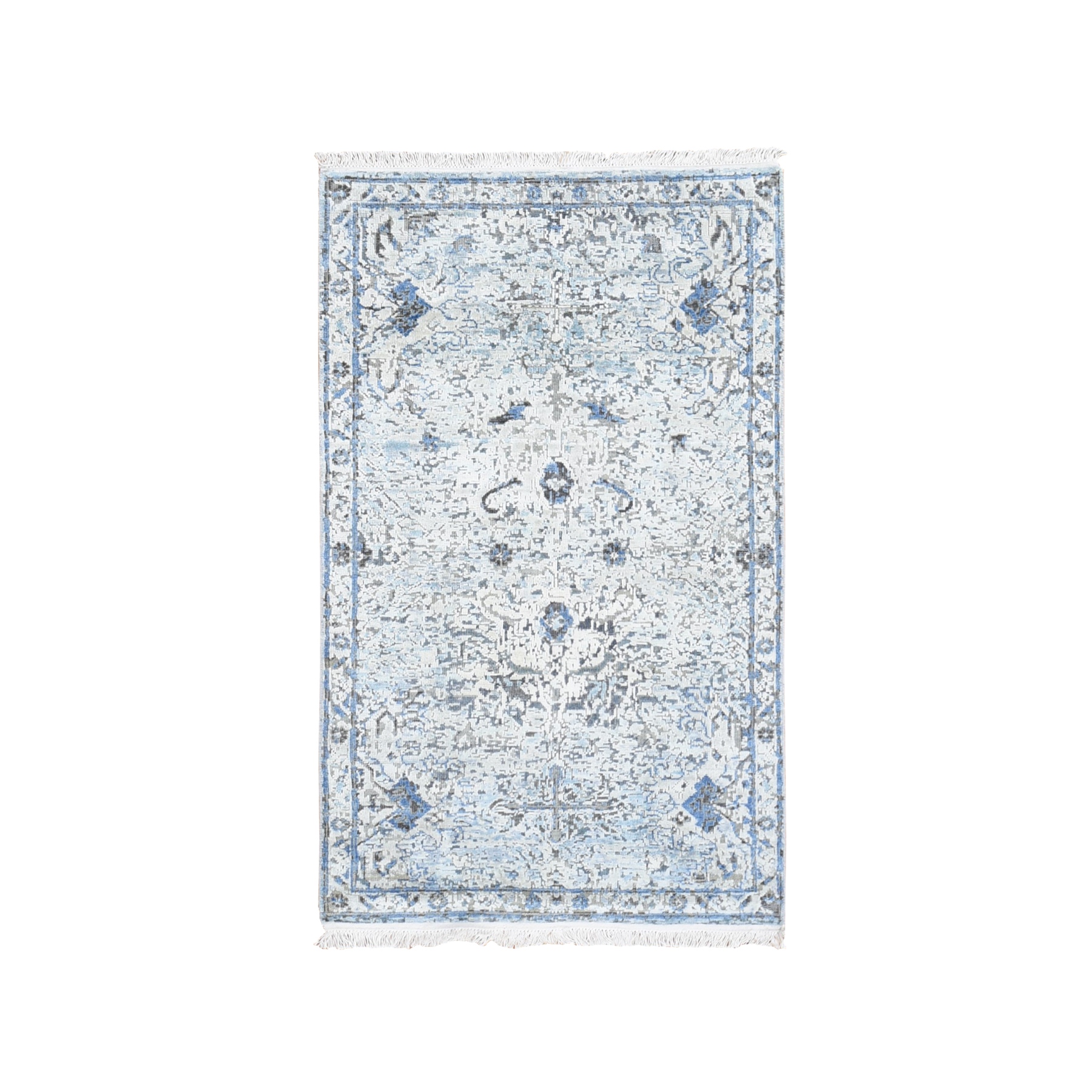 3'x5' Ivory Distressed Oushak Pure Silk with Textured Wool Hand Knotted Oriental Rug HR59505
