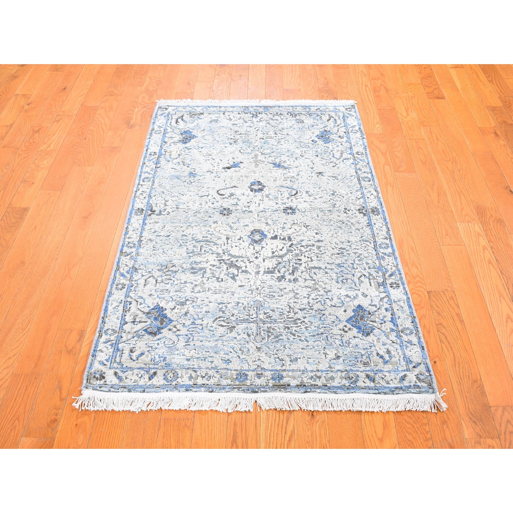 3'x5' Ivory Distressed Oushak Pure Silk with Textured Wool Hand Knotted Oriental Rug HR59505 - Image 2