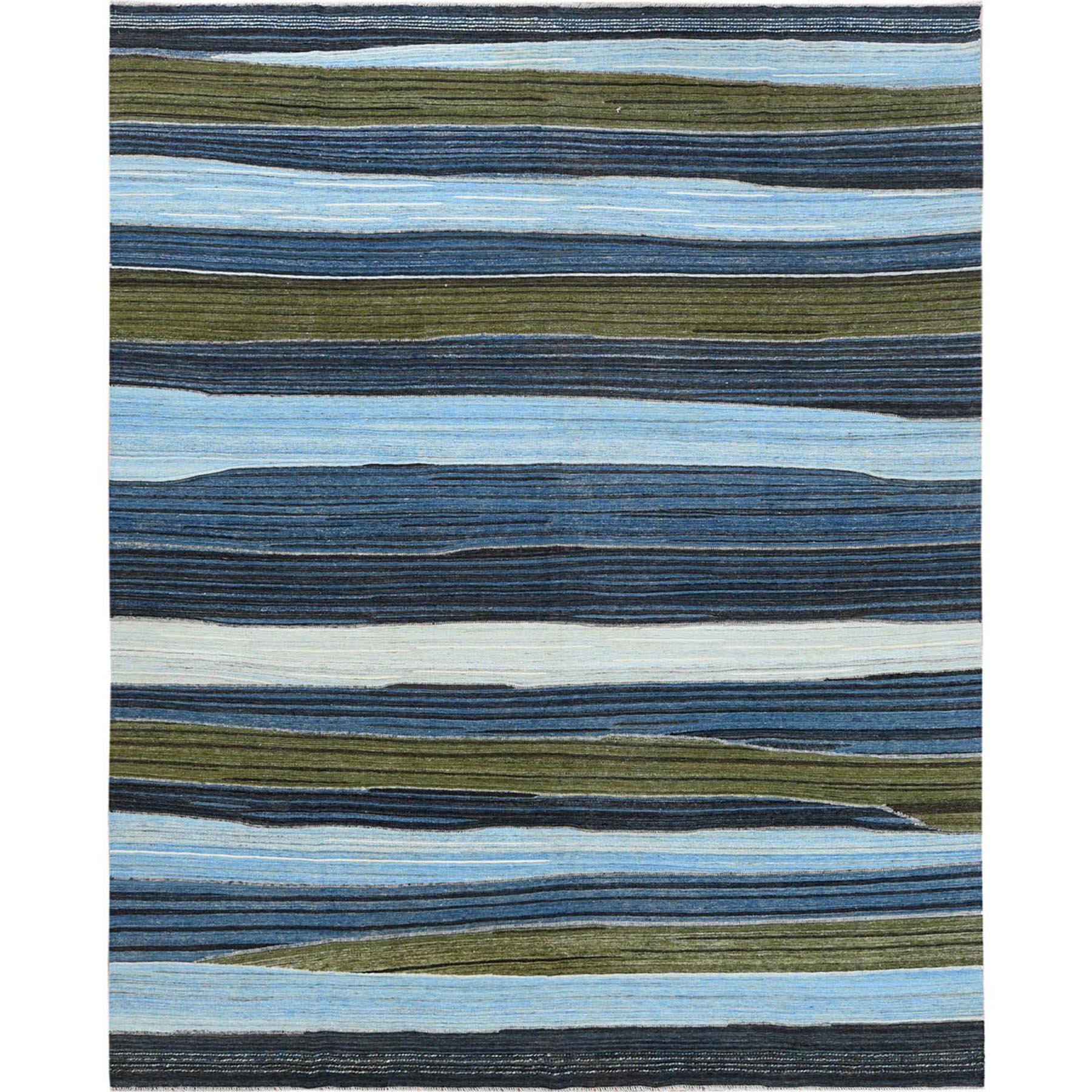9'7"x11'10" Brown And Blue Mountain Design Flat Weave Kilim Pure Wool Reversible Hand Woven Oriental Rug HR60101