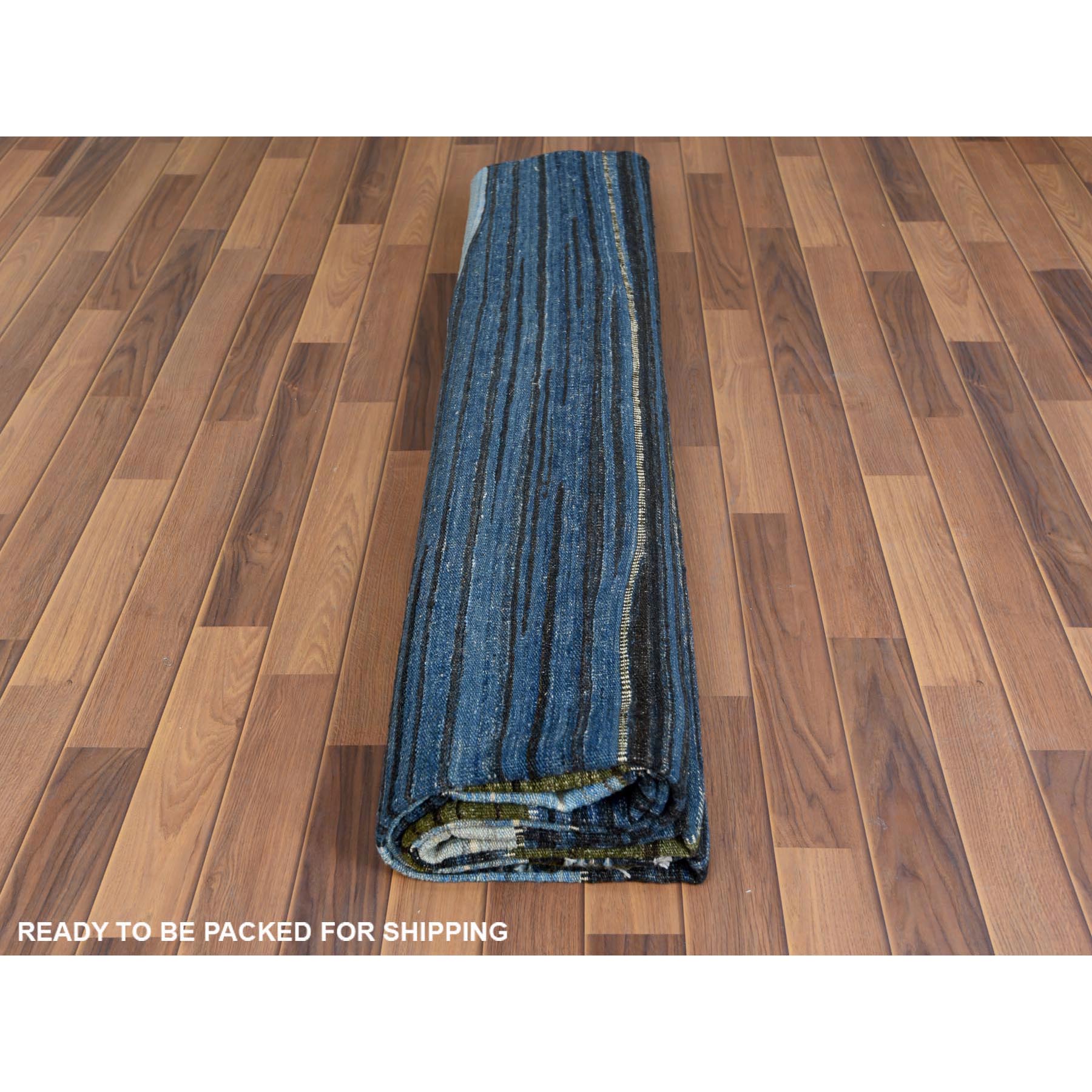 9'7"x11'10" Brown And Blue Mountain Design Flat Weave Kilim Pure Wool Reversible Hand Woven Oriental Rug HR60101 - Image 5