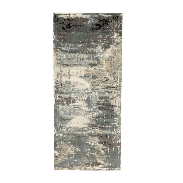 4'1"x10' Gray Abstract Design Wool and Silk Hi-Low Pile Hand Knotted Oriental Wide Runner Rug HR62025