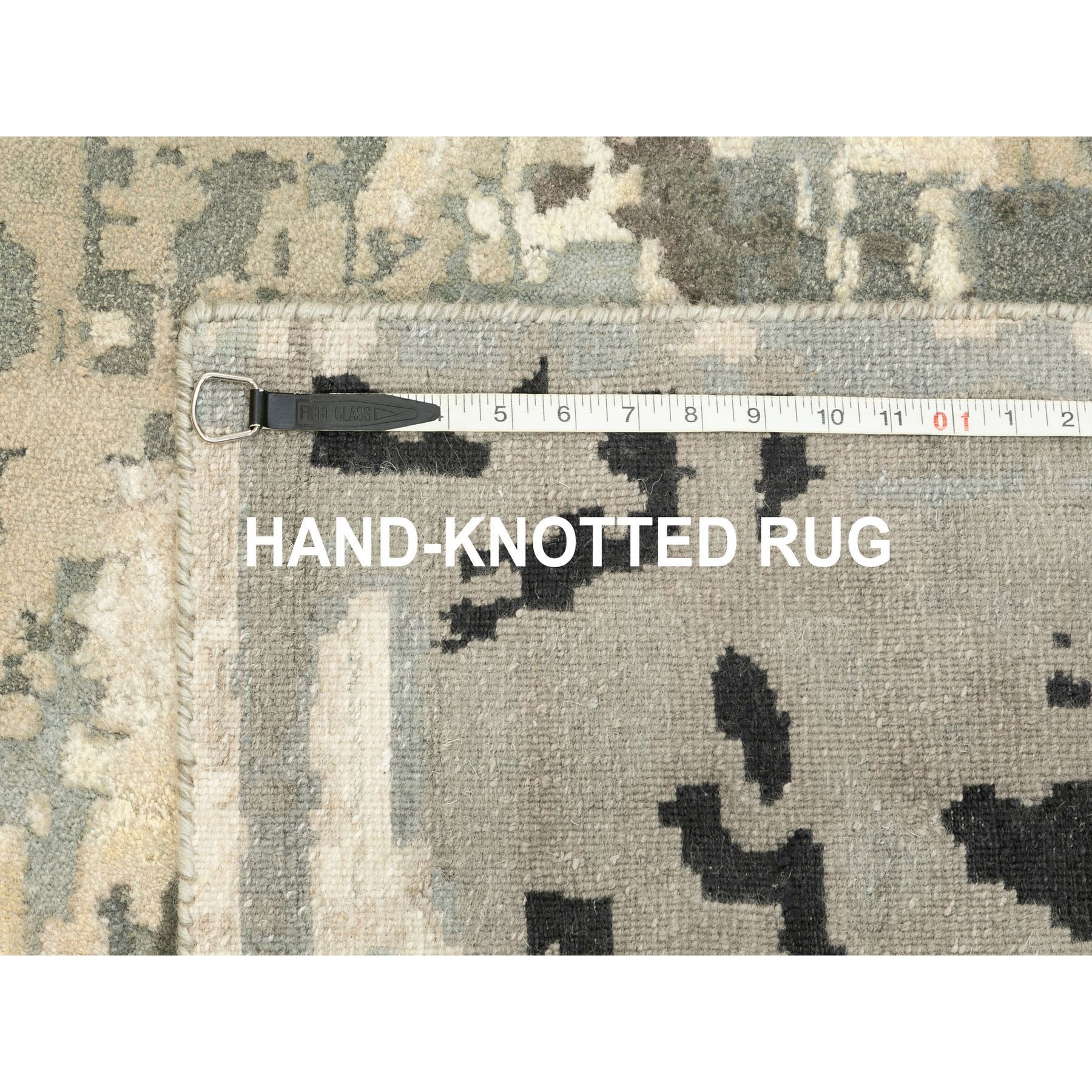 4'x12' Hand Knotted Taupe Abstract Design Wool and Silk Wide Runner Hi-Low Pile Oriental Rug HR62034 - Image 8