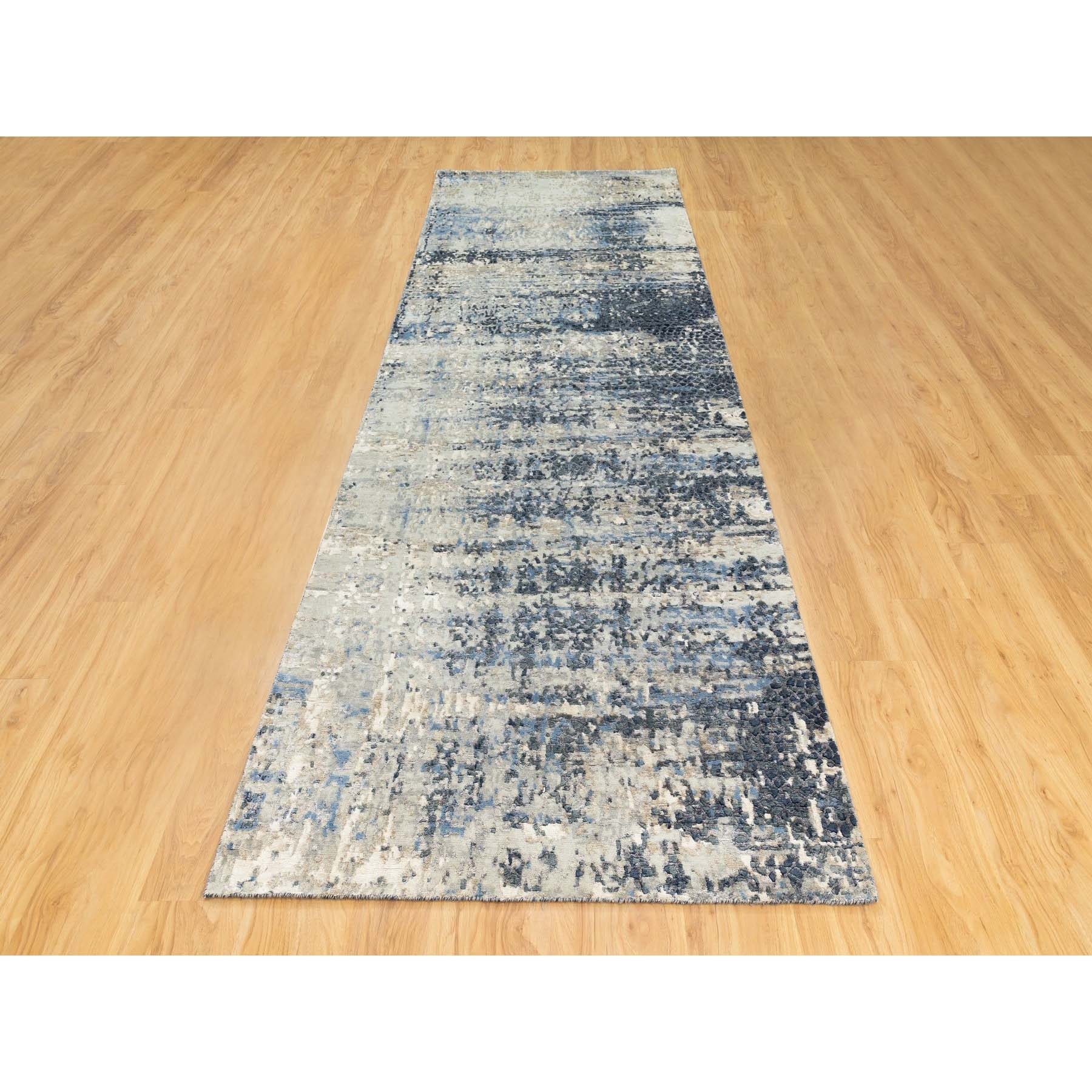 4'x11'9" Hand Knotted Abstract With Mosaic Design Wool And Silk Oriental Wide Runner Rug HR62037 - Image 2
