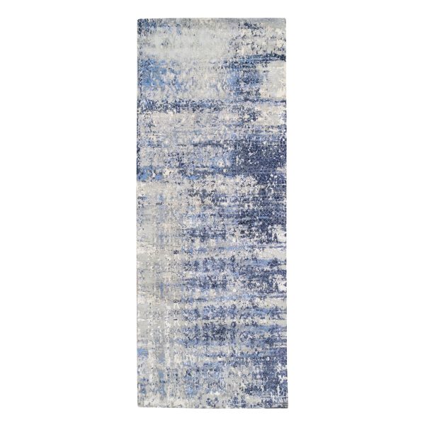 3'10"x10'3" Blue Abstract With Mosaic Design Wool And Silk Hand Knotted Oriental Runner Rug HR62260