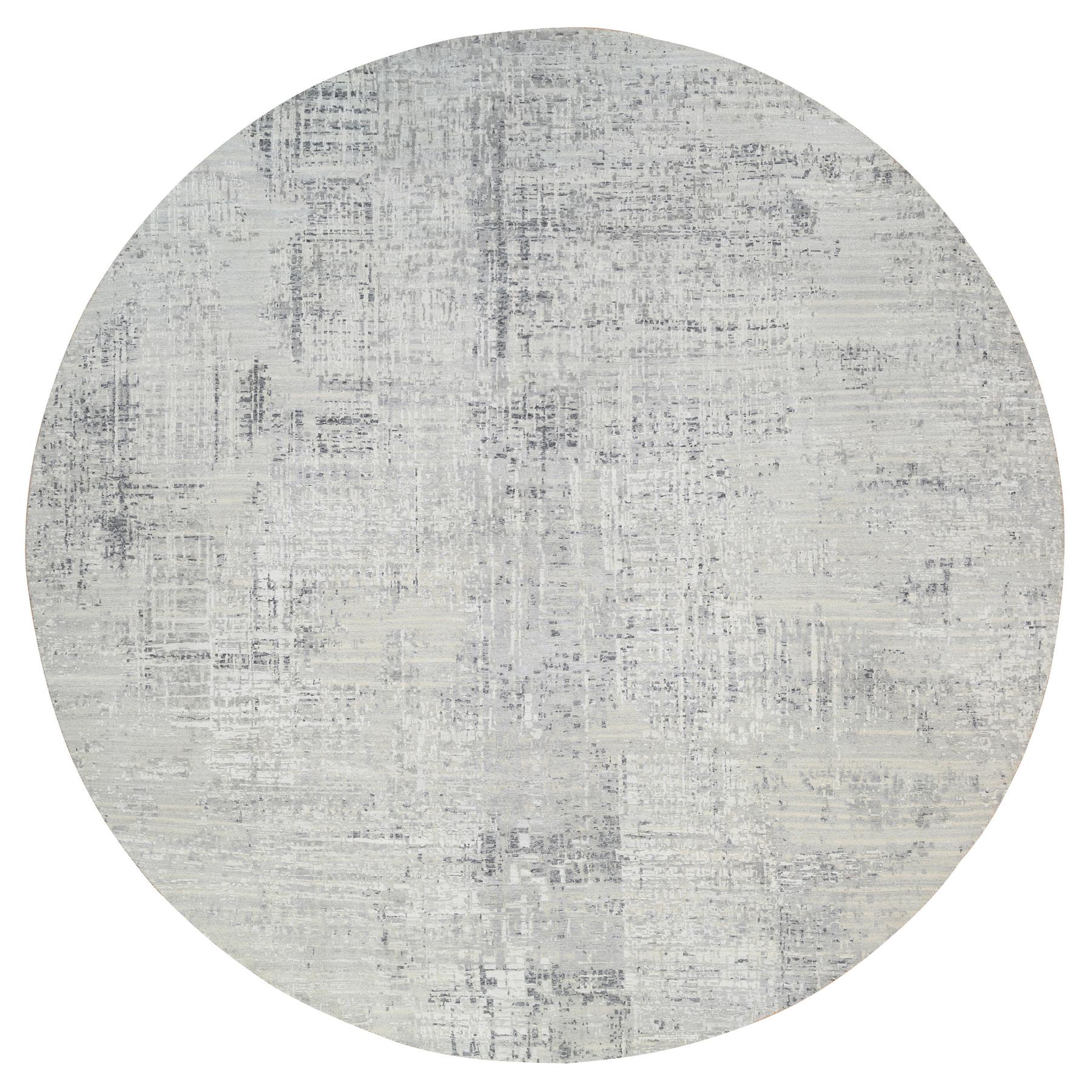 13'9"x13'9" Light Gray Hand Knotted Modern Hand Spun Undyed Natural Wool Round Oriental Rug HR64232