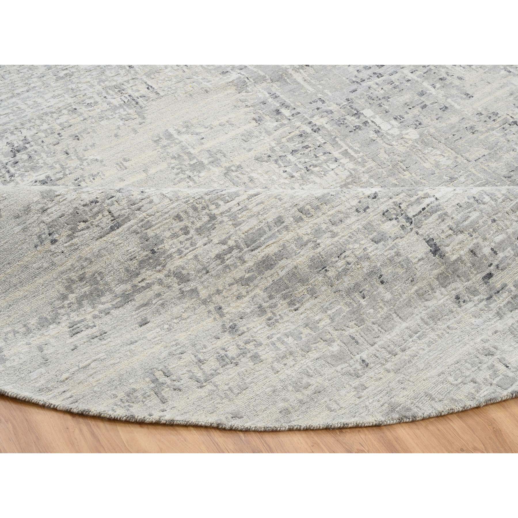 13'9"x13'9" Light Gray Hand Knotted Modern Hand Spun Undyed Natural Wool Round Oriental Rug HR64232 - Image 7